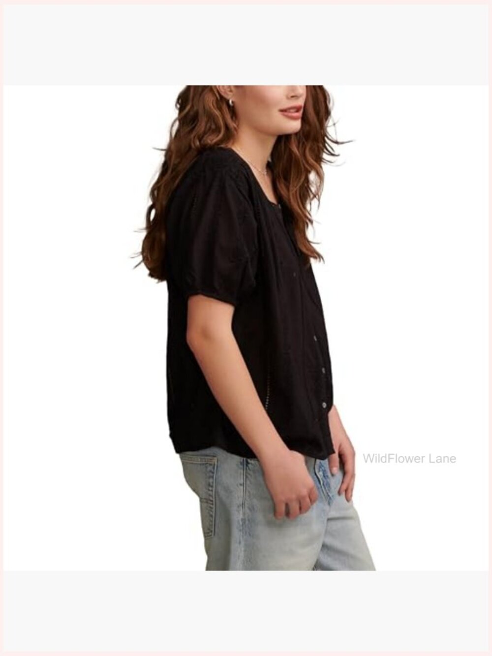 Smocked Shoulder Button Down Blouse Short Sleeve V-Neck Cotton - Picture 4 of 5